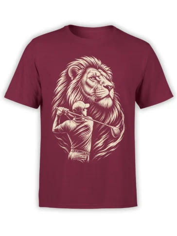 Vintage lion and golfer illustration printed on a burgundy golf T-shirt