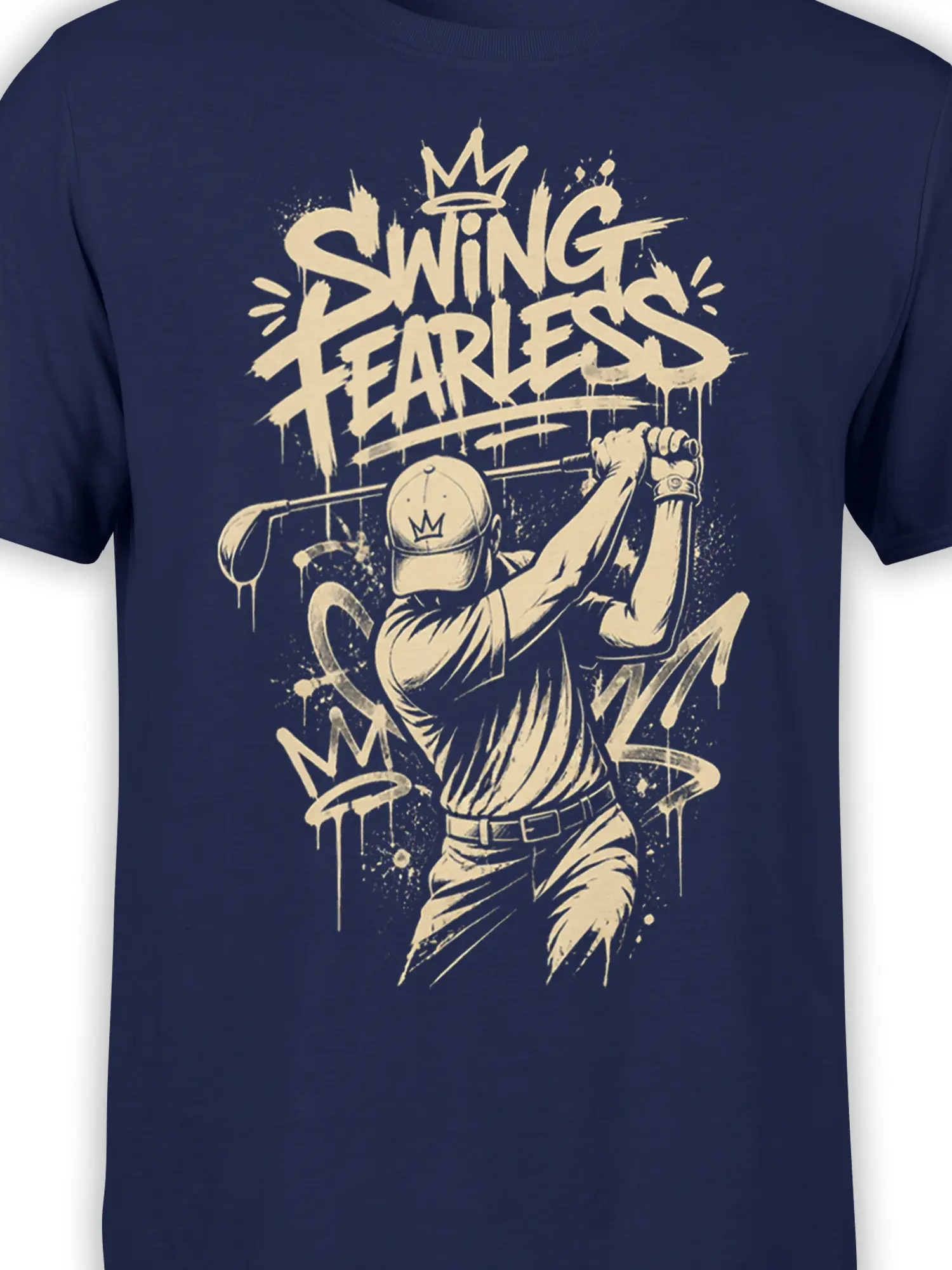 Close-up of cream Swing Fearless graffiti print with crown details and dynamic crowned figure on navy fabric