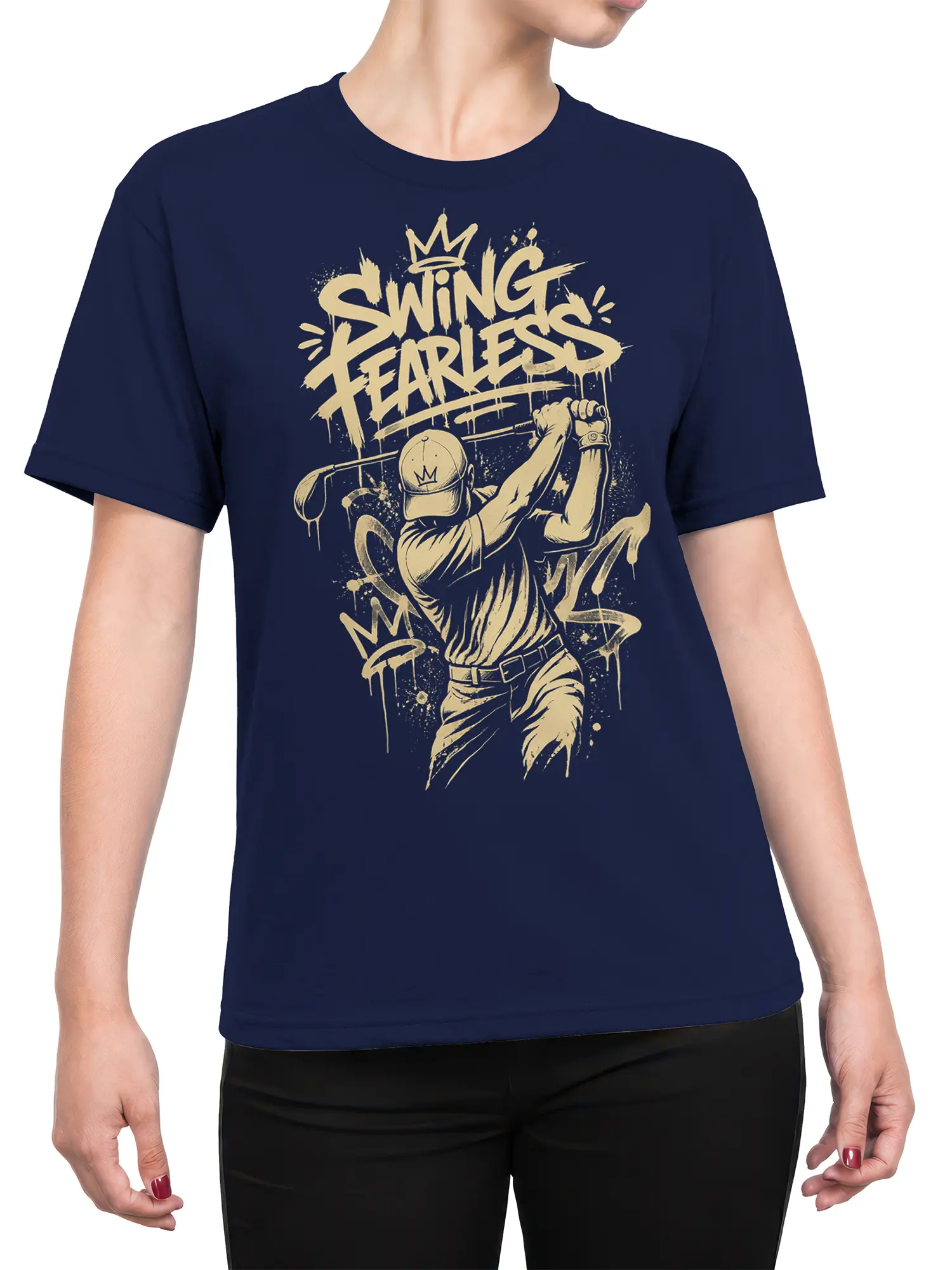 Female torso wearing a navy Swing Fearless T-shirt with cream street art lettering and crowned figure design
