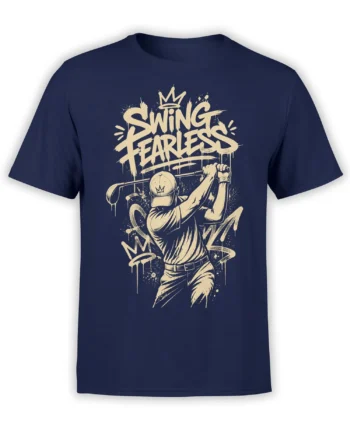 Front view of navy Swing Fearless T-shirt with cream graffiti lettering and crowned figure artwork
