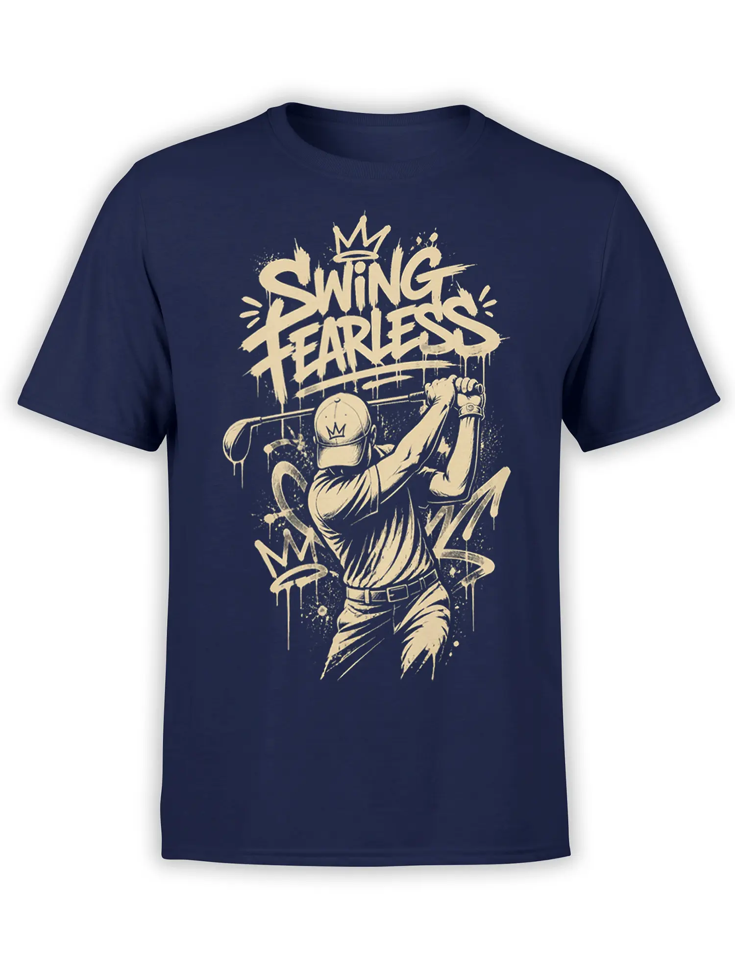 Front view of navy Swing Fearless T-shirt with cream graffiti lettering and crowned figure artwork