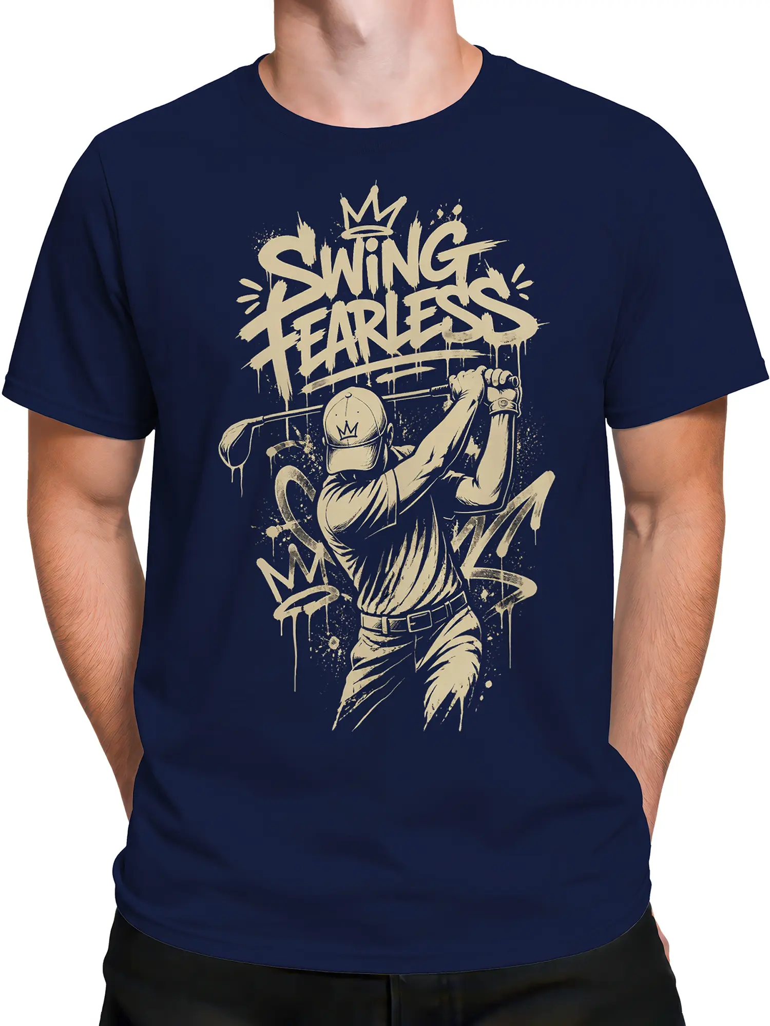 Male torso wearing a navy Swing Fearless T-shirt with cream graffiti lettering and crowned figure artwork