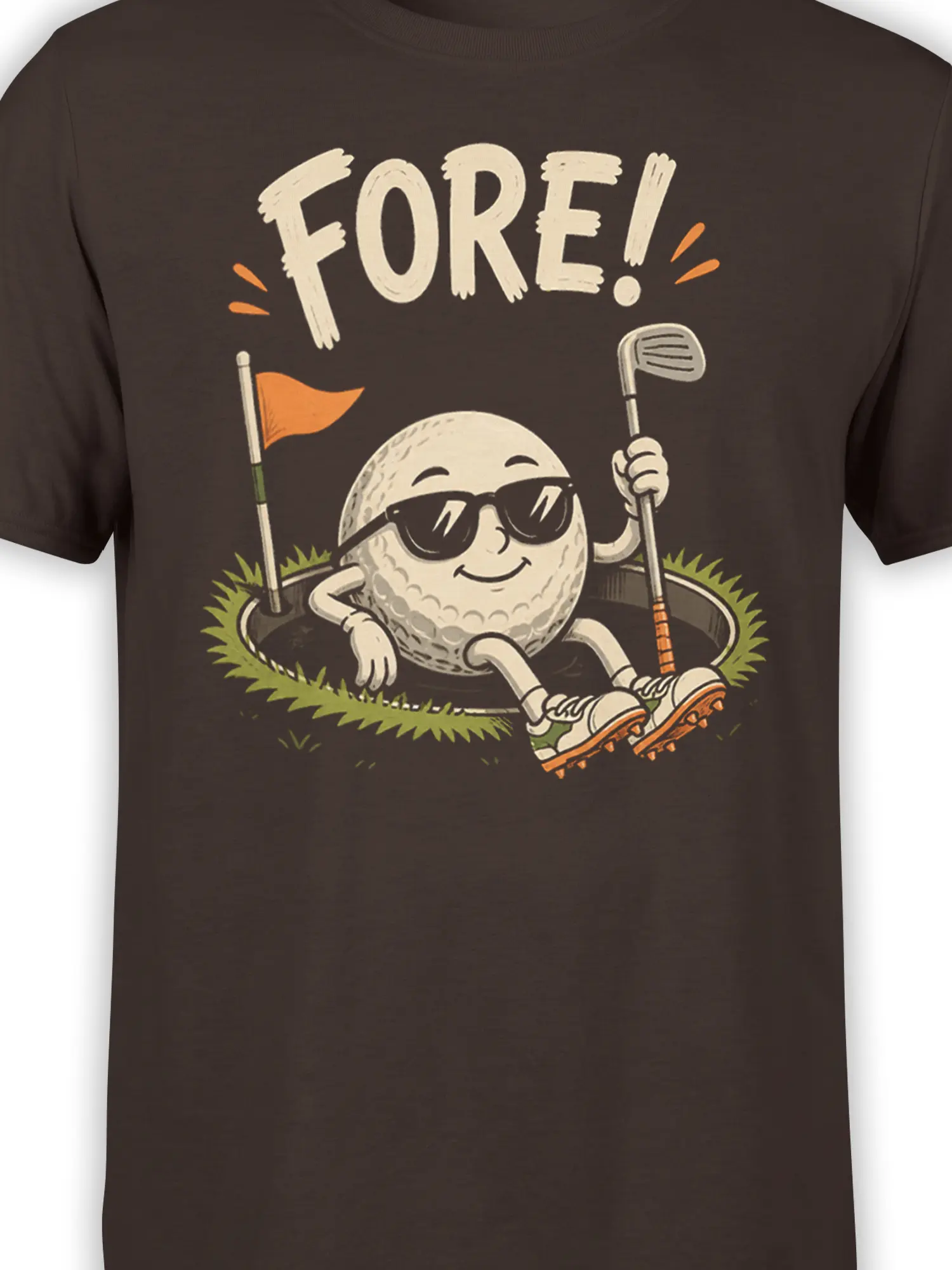 Close-up of vintage golf ball character in sunglasses with “FORE!” lettering on a brown shirt