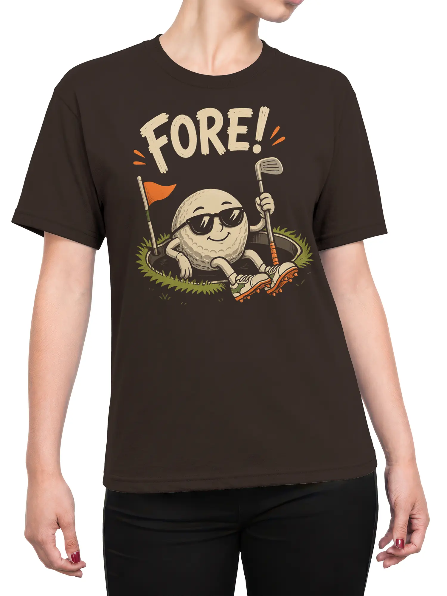 Female torso wearing a brown golf T-shirt with a relaxed sunglasses-wearing golf ball design