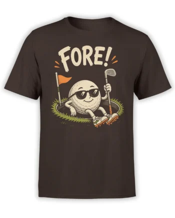 Brown golf T-shirt with a sunglasses-wearing golf ball, “FORE!” lettering, flag, and club illustration