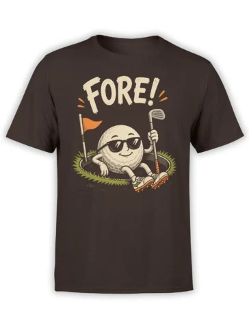 Brown golf T-shirt with a sunglasses-wearing golf ball, “FORE!” lettering, flag, and club illustration