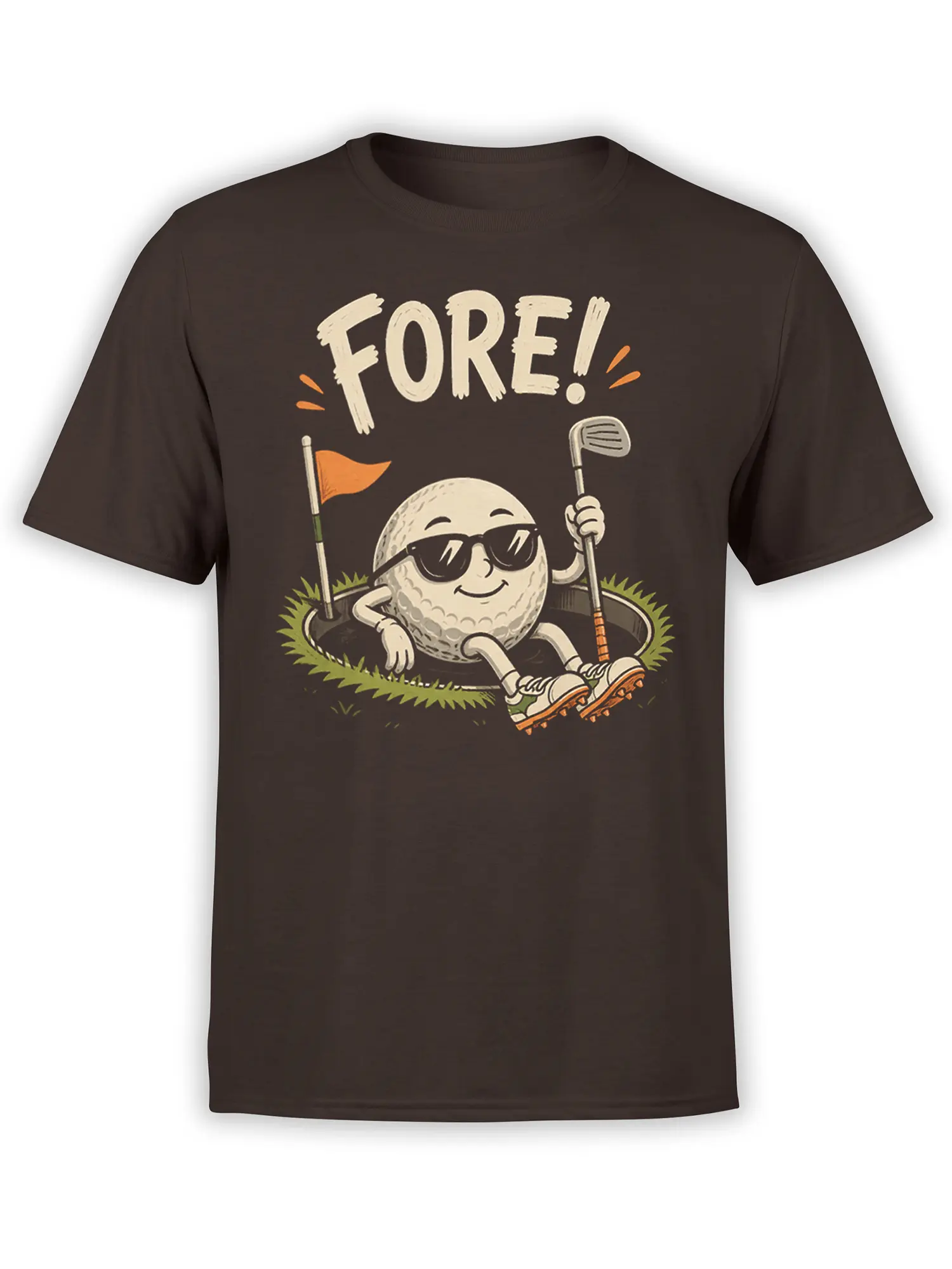 Brown golf T-shirt with a sunglasses-wearing golf ball, “FORE!” lettering, flag, and club illustration