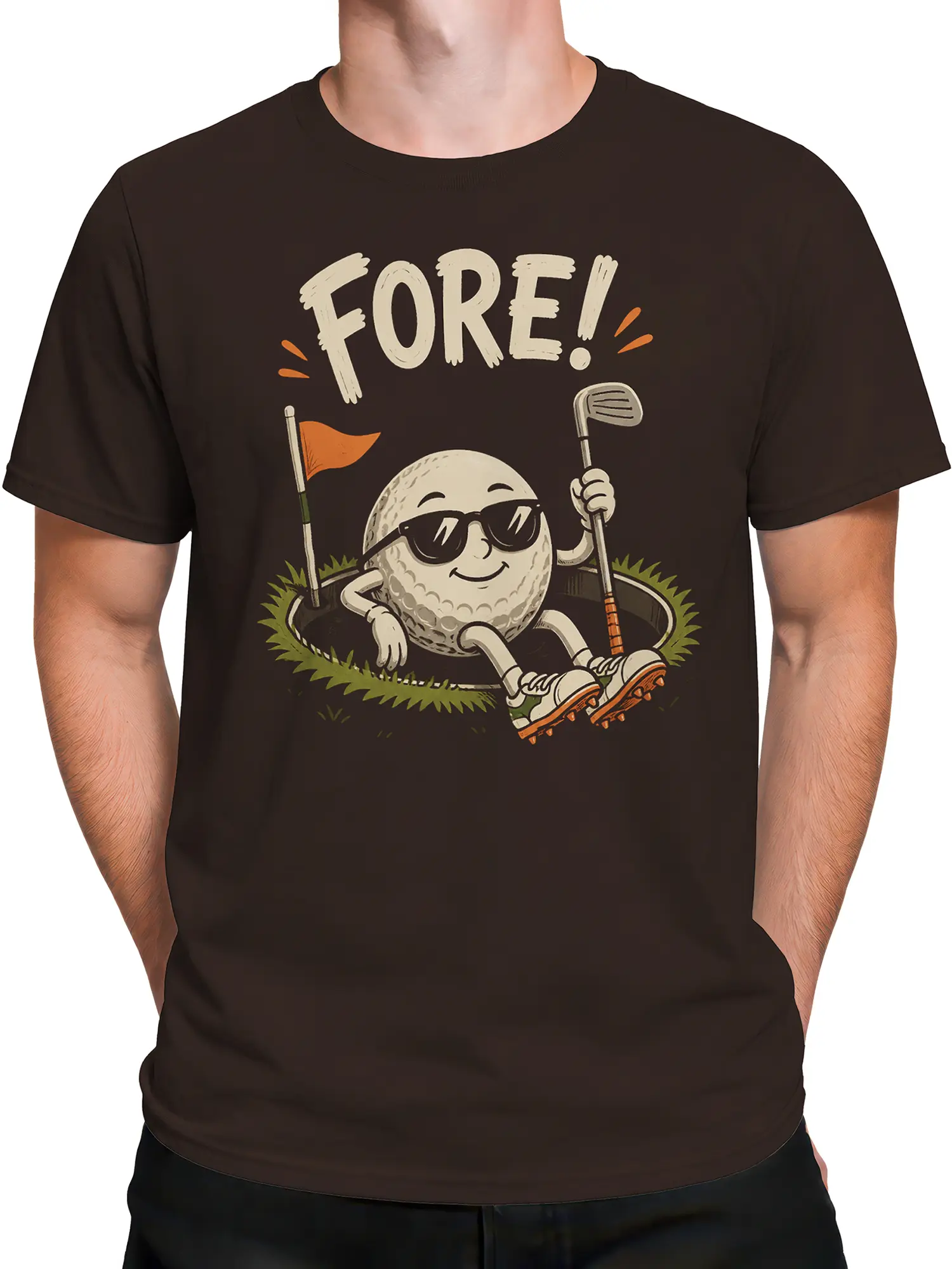 Male torso wearing a brown golf T-shirt with a vintage sunglasses golf ball illustration