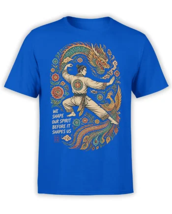 Blue T-shirt with martial artist, dragon, phoenix, floral artwork, and the quote We Shape Our Spirit