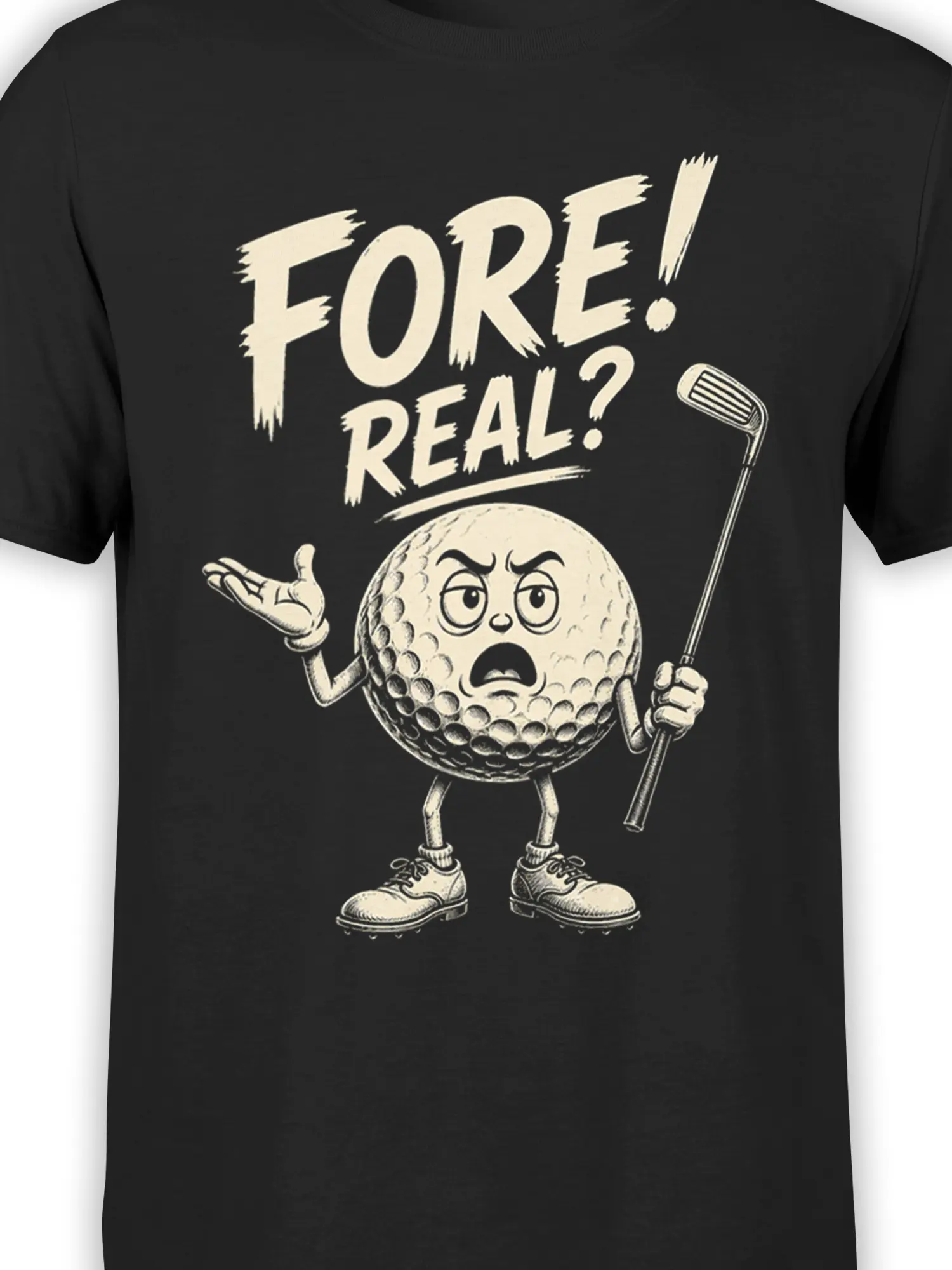 Close-up of black golf shirt design with expressive golf ball, raised club, cream brush lettering, and sarcastic “FORE! REAL?” text