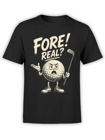 Black golf T-shirt with a baffled golf ball character, club, cream “FORE! REAL?” lettering, and vintage artwork