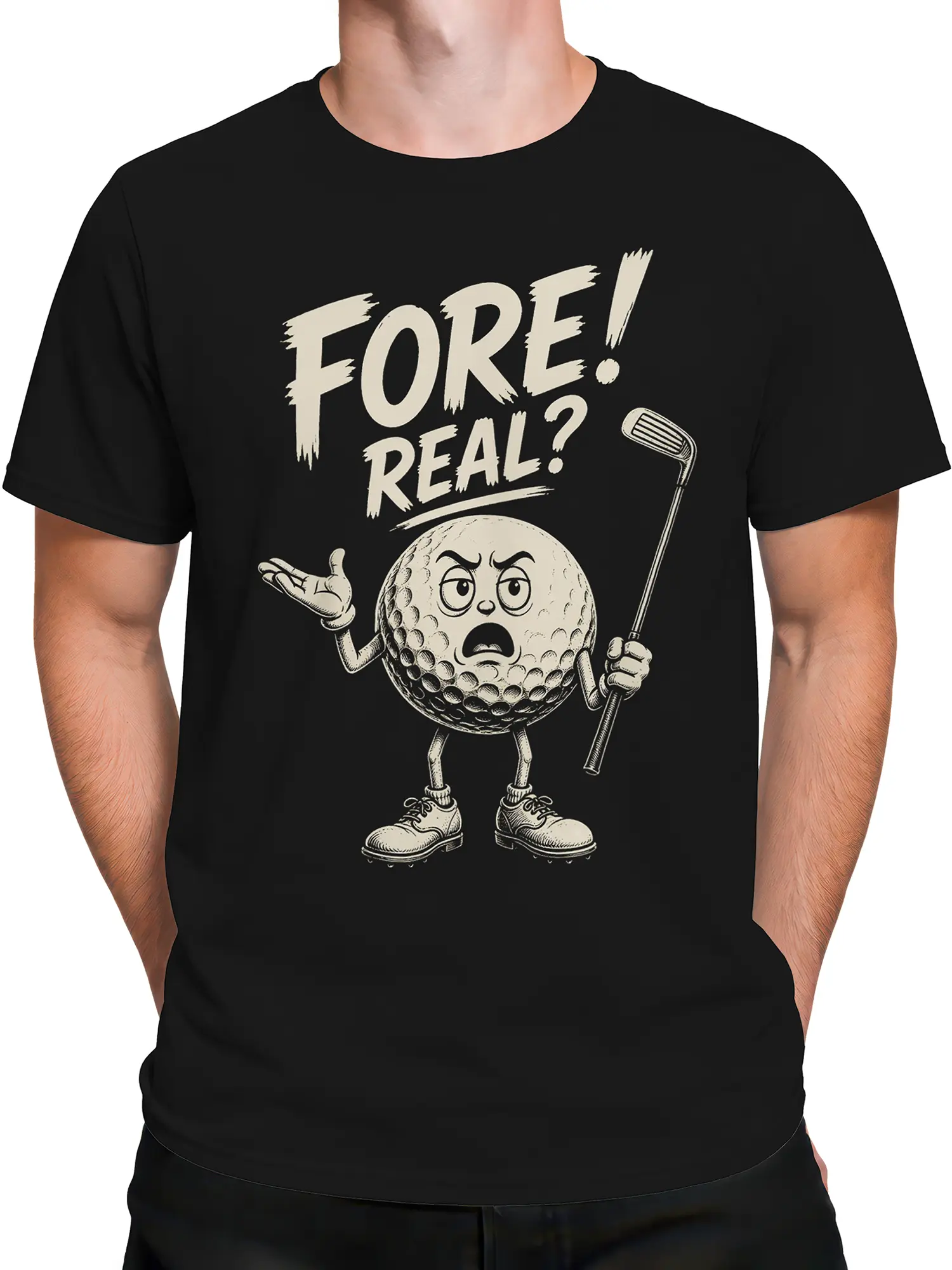 Male torso wearing a black golf T-shirt with vintage golf ball artwork and bold cream “FORE! REAL?” lettering