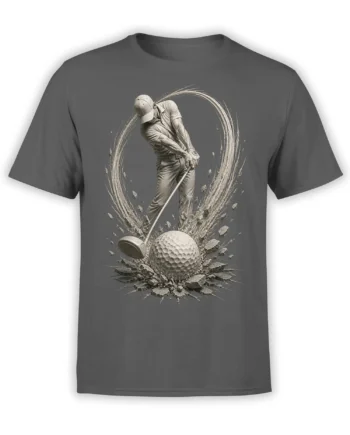 Monochrome golfer swinging a club into a textured golf ball with explosive debris on a gray T-shirt