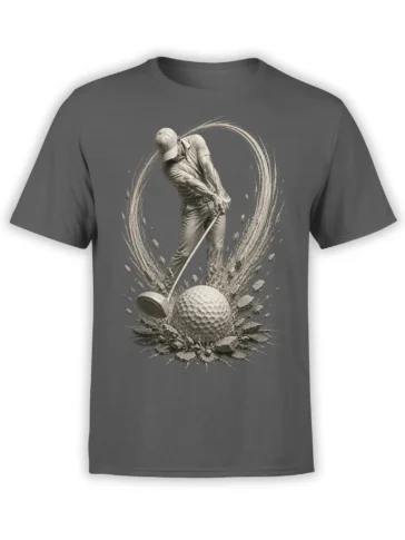 Monochrome golfer swinging a club into a textured golf ball with explosive debris on a gray T-shirt