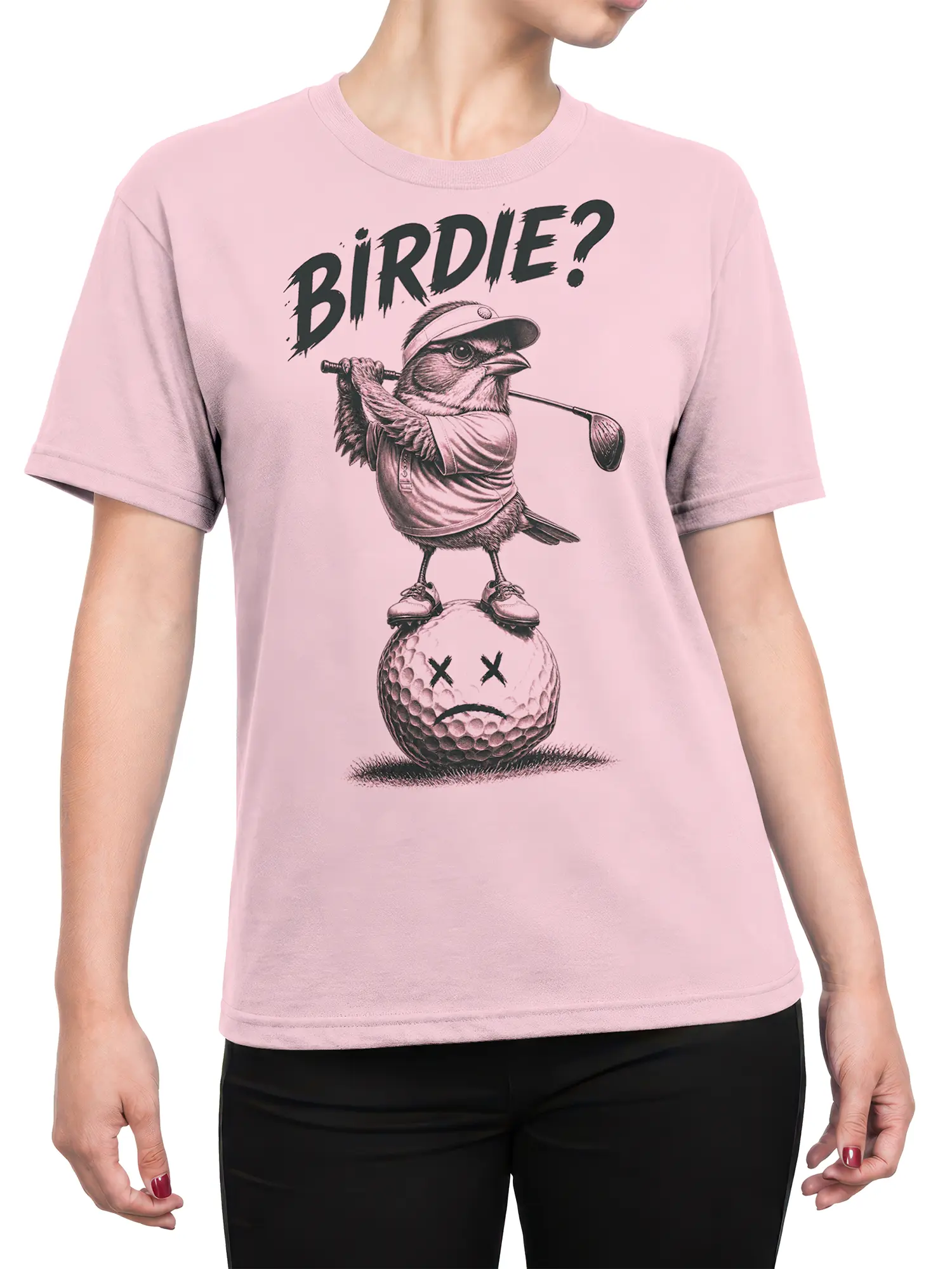 Female torso wearing a light pink bird golfer T-shirt with a golf ball character and “BIRDIE?” graphic