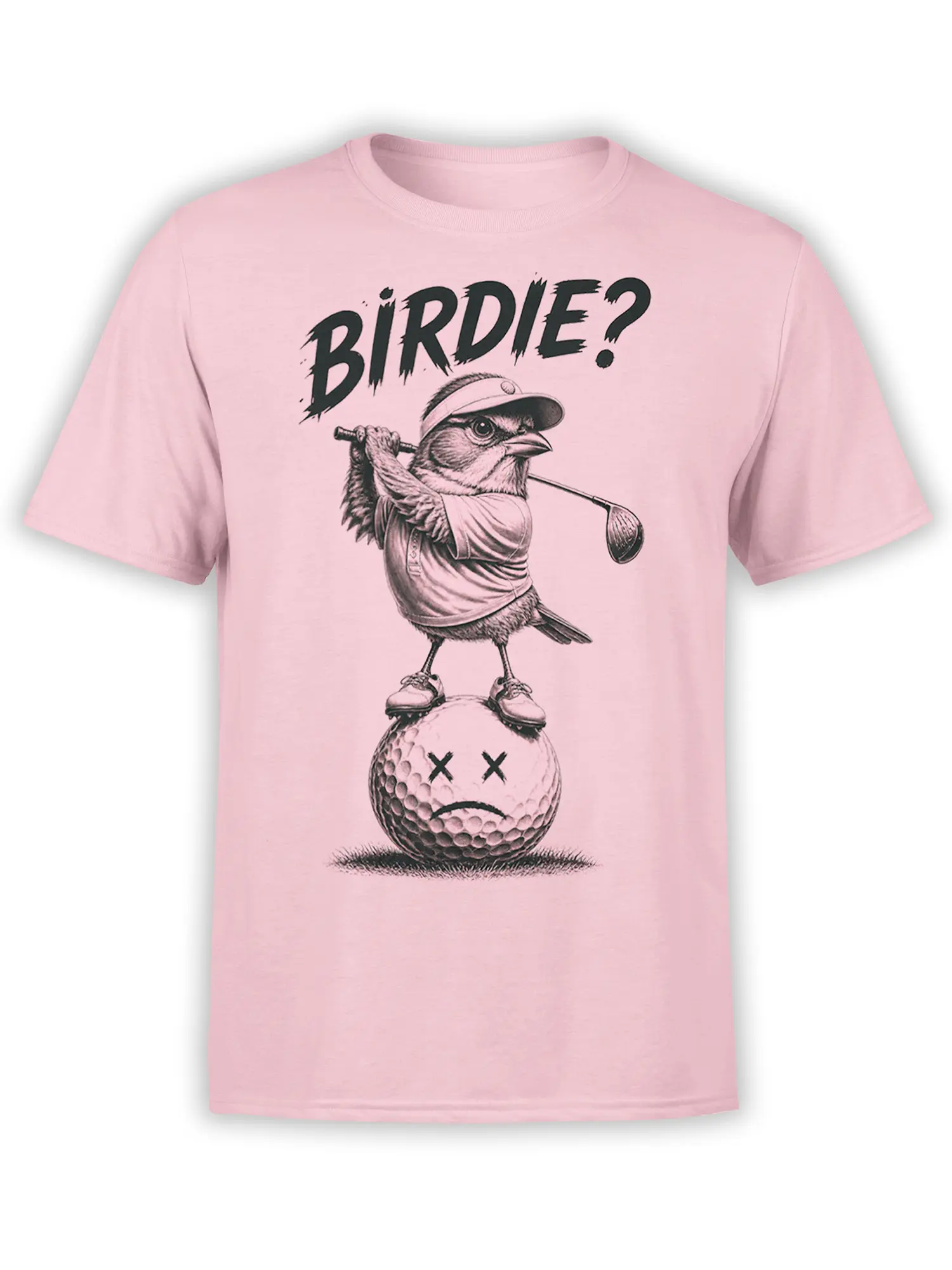 Light pink golf T-shirt with a bird golfer swinging over a defeated golf ball and bold “BIRDIE?” lettering