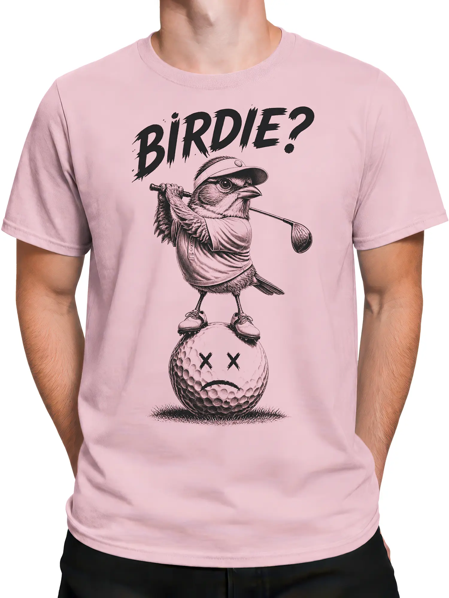 Male torso wearing a light pink golf T-shirt with a bird golfer and defeated golf ball graphic