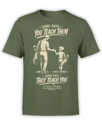 Green golf shirt with vintage cream artwork of an adult golfer and young player sharing lessons on the course
