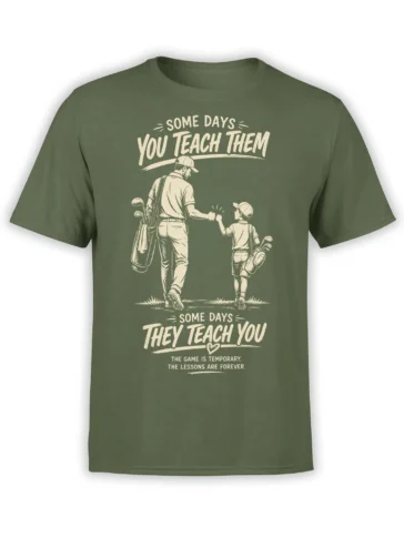 Green golf shirt with vintage cream artwork of an adult golfer and young player sharing lessons on the course