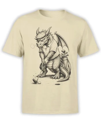 Beige T-shirt with a detailed winged dragon golfer, golf club, golf bag, and vintage engraving artwork