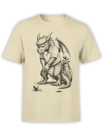 Beige T-shirt with a detailed winged dragon golfer, golf club, golf bag, and vintage engraving artwork
