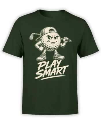 Green golf t-shirt with a determined golf ball mascot, club, cap, and bold Play Smart lettering
