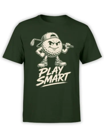 Green golf t-shirt with a determined golf ball mascot, club, cap, and bold Play Smart lettering