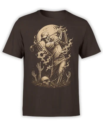 Skeleton baseball batter swinging beneath a full moon with flames and rising bones on a brown T-shirt