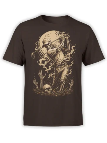 Skeleton baseball batter swinging beneath a full moon with flames and rising bones on a brown T-shirt