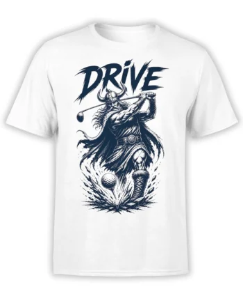 White T-shirt with a horned Viking golfer swinging a club beneath bold navy DRIVE lettering