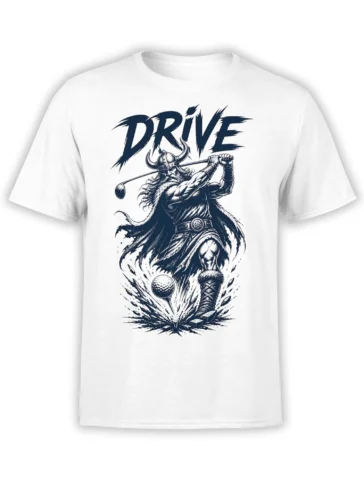 White T-shirt with a horned Viking golfer swinging a club beneath bold navy DRIVE lettering