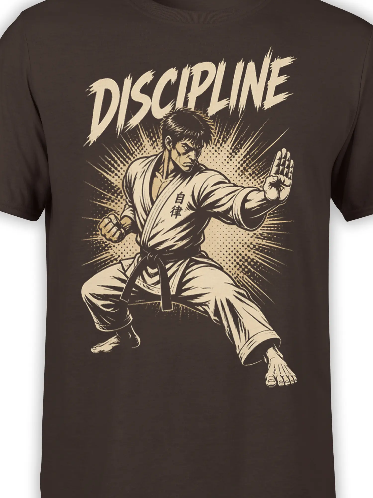 Close-up of vintage martial arts fighter artwork and DISCIPLINE text on a brown graphic T-shirt