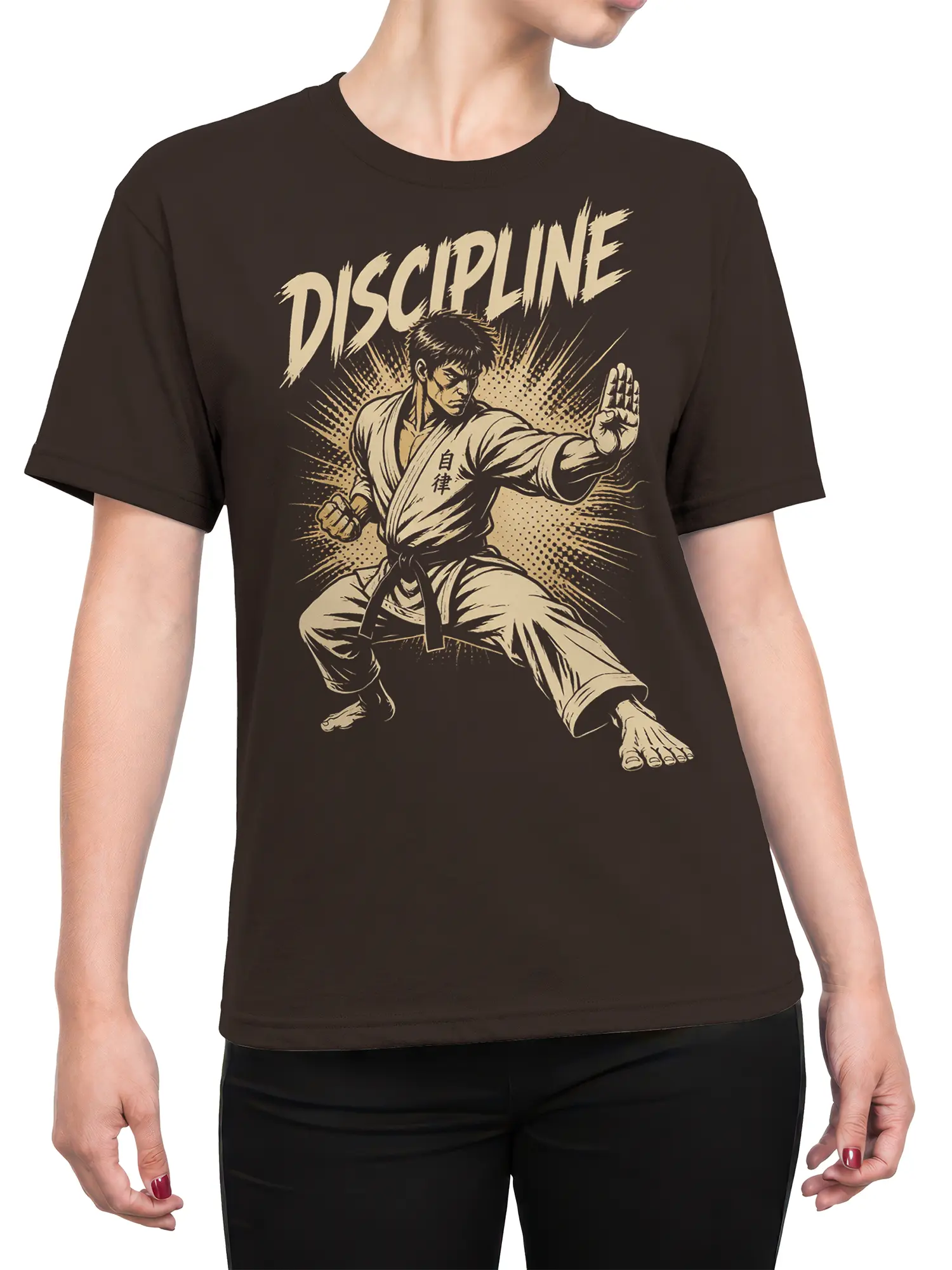 Female torso wearing a brown martial arts T-shirt with vintage fighter artwork and cream DISCIPLINE lettering
