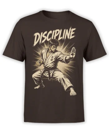 Brown martial arts T-shirt with a vintage fighter in a defensive stance and bold cream DISCIPLINE lettering