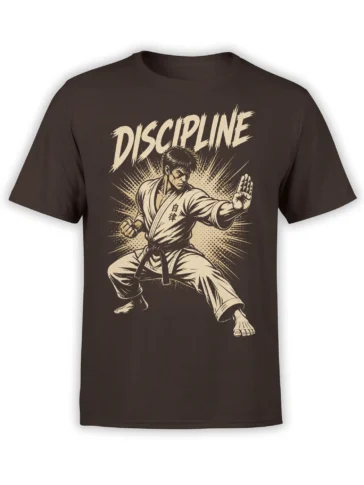 Brown martial arts T-shirt with a vintage fighter in a defensive stance and bold cream DISCIPLINE lettering