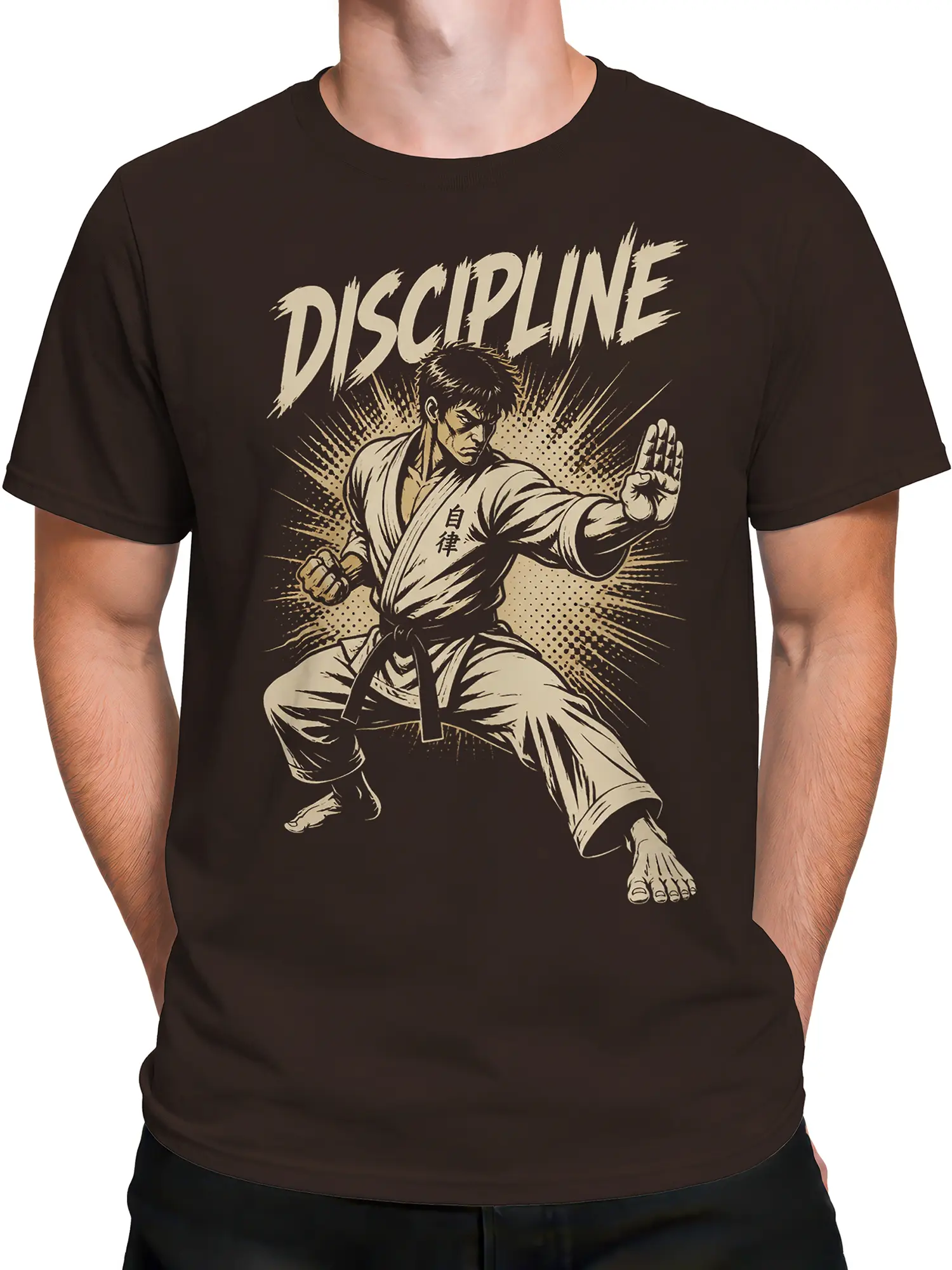 Male torso wearing a brown martial arts T-shirt with a disciplined fighter and cream vintage artwork