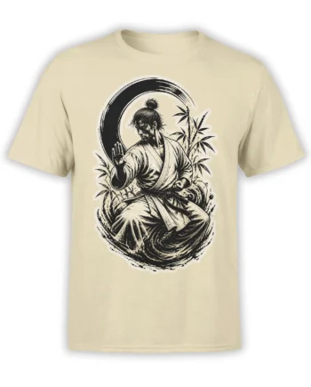 Beige T-shirt with seated martial artist, crescent moon, and bamboo in a vintage black ink design