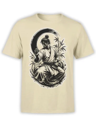 Beige T-shirt with seated martial artist, crescent moon, and bamboo in a vintage black ink design