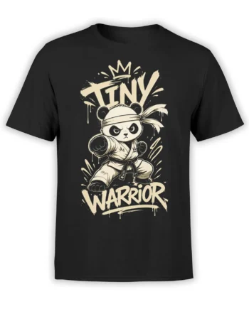 Crowned panda warrior in martial arts uniform with KING WARRIOR lettering on a black T-shirt