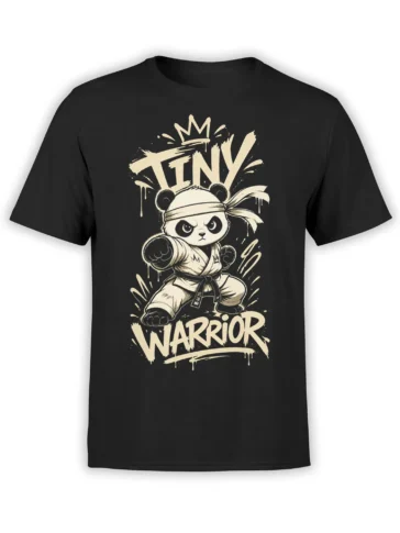 Crowned panda warrior in martial arts uniform with KING WARRIOR lettering on a black T-shirt