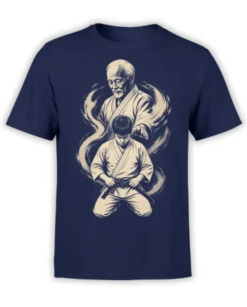 Vintage martial arts design with an older master guiding a young student on a navy T-shirt