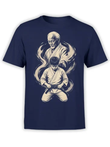 Vintage martial arts design with an older master guiding a young student on a navy T-shirt