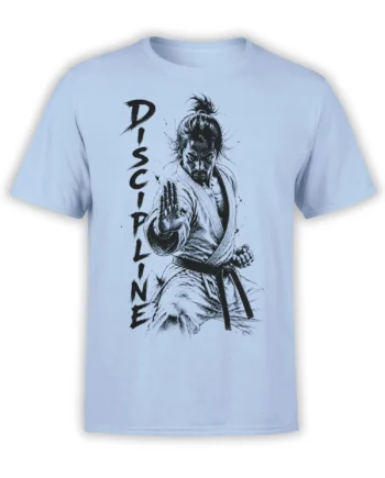 Light blue martial arts T-shirt with black ink fighter illustration and vertical DISCIPLINE lettering