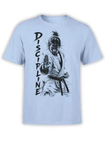 Light blue martial arts T-shirt with black ink fighter illustration and vertical DISCIPLINE lettering