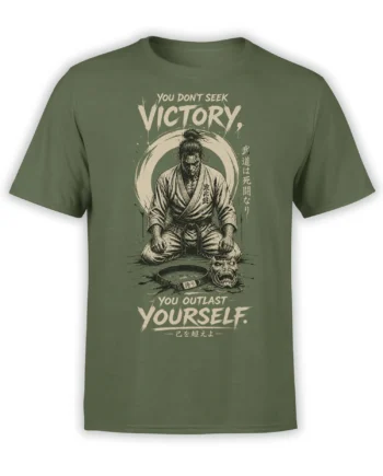 Green martial arts T-shirt with seated fighter, fierce mask, belt, and “You Outlast Yourself” lettering