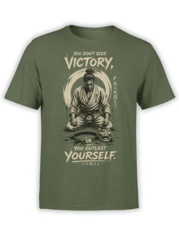 Green martial arts T-shirt with seated fighter, fierce mask, belt, and “You Outlast Yourself” lettering