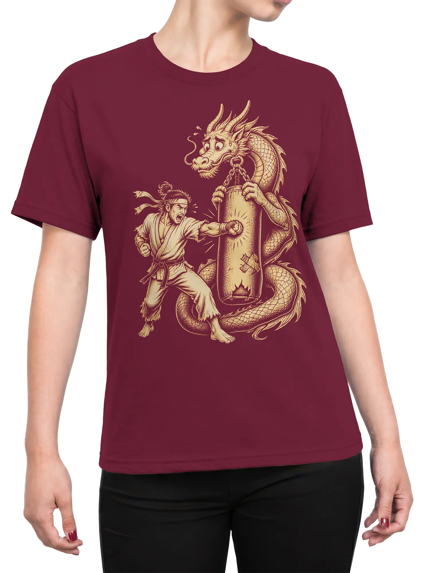 Female torso wearing a burgundy T-shirt with martial artist and dragon artwork in cream