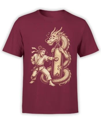 Martial artist punches beside a horned dragon in a vintage cream illustration on a burgundy T-shirt