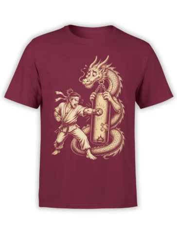 Martial artist punches beside a horned dragon in a vintage cream illustration on a burgundy T-shirt
