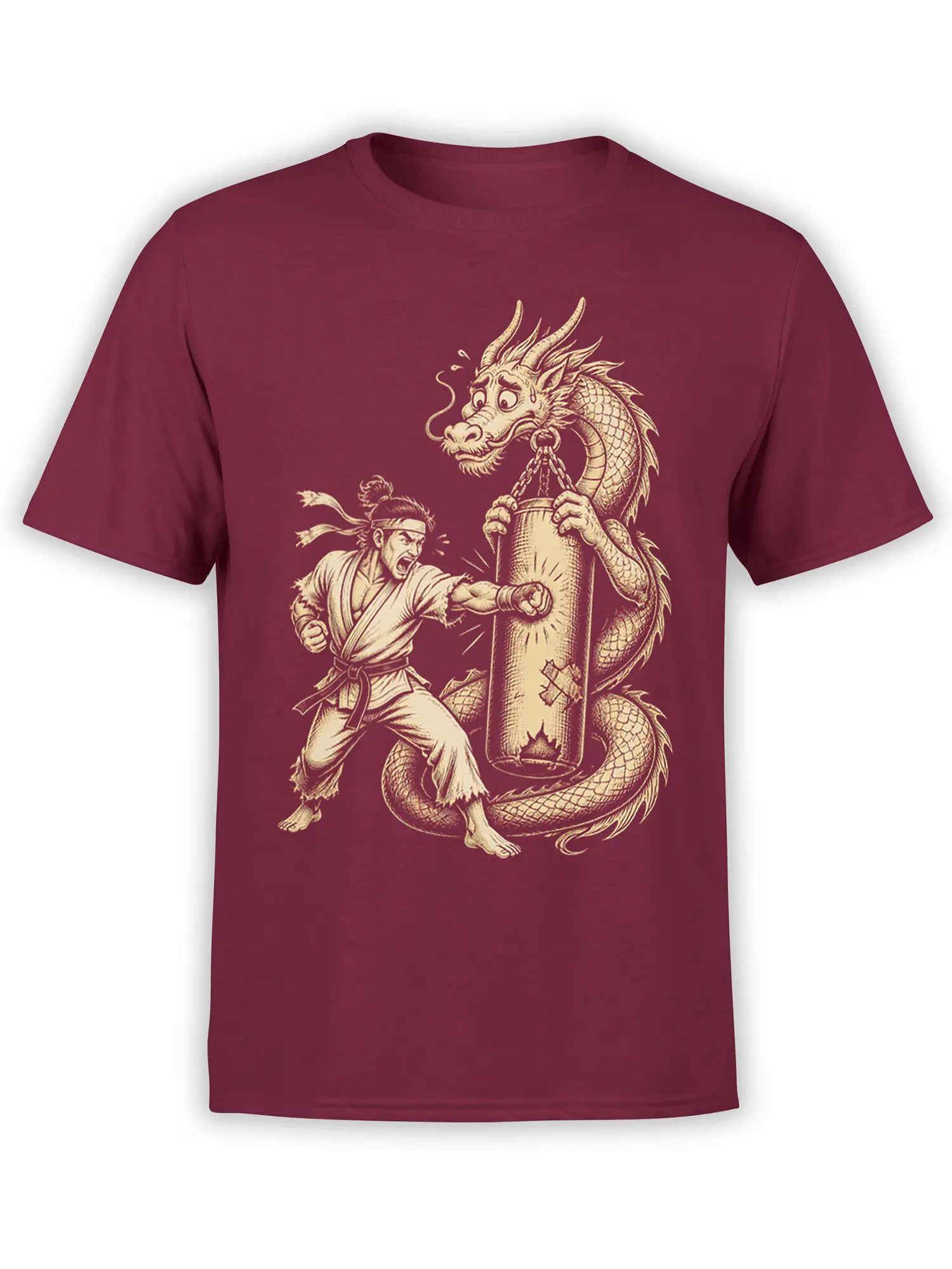 Martial artist punches beside a horned dragon in a vintage cream illustration on a burgundy T-shirt